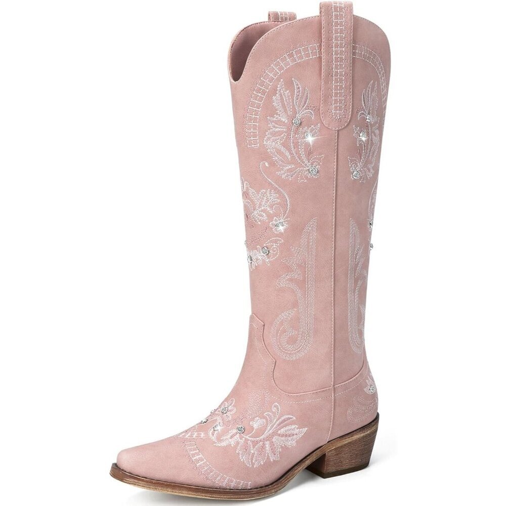 Women Faux Leather Pink Glitter Sparkly Rhinestone Embroidery Pointed Retro Boot